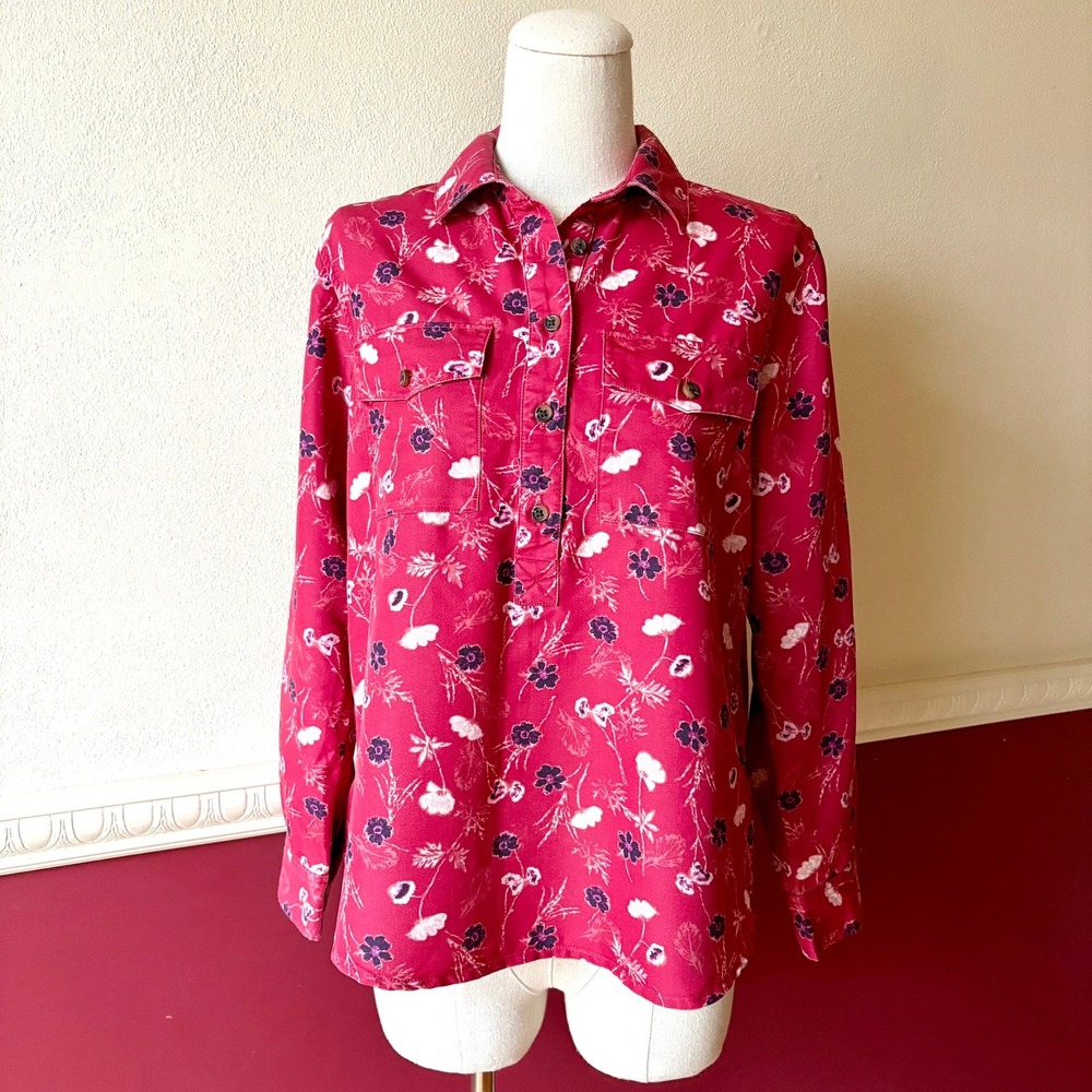 Lands' End Magenta Floral Popover Tunic Shirt Women's S Flowy‎ 1/2 Button Casual